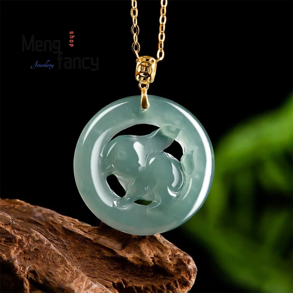 

Natural A-goods Jadeite Blue Water Zodiac Rabbit Pendant 18K Gold Inlaid Ice Jade Cute Female Models Exquisite Fashion Jewelry