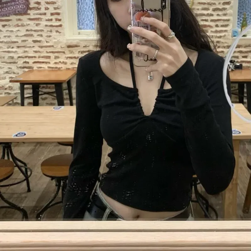 

Pure Desire Strappy V-neck Long-sleeved T-shirt Women's Design Autumn New Slim Fit Inner Layering Top