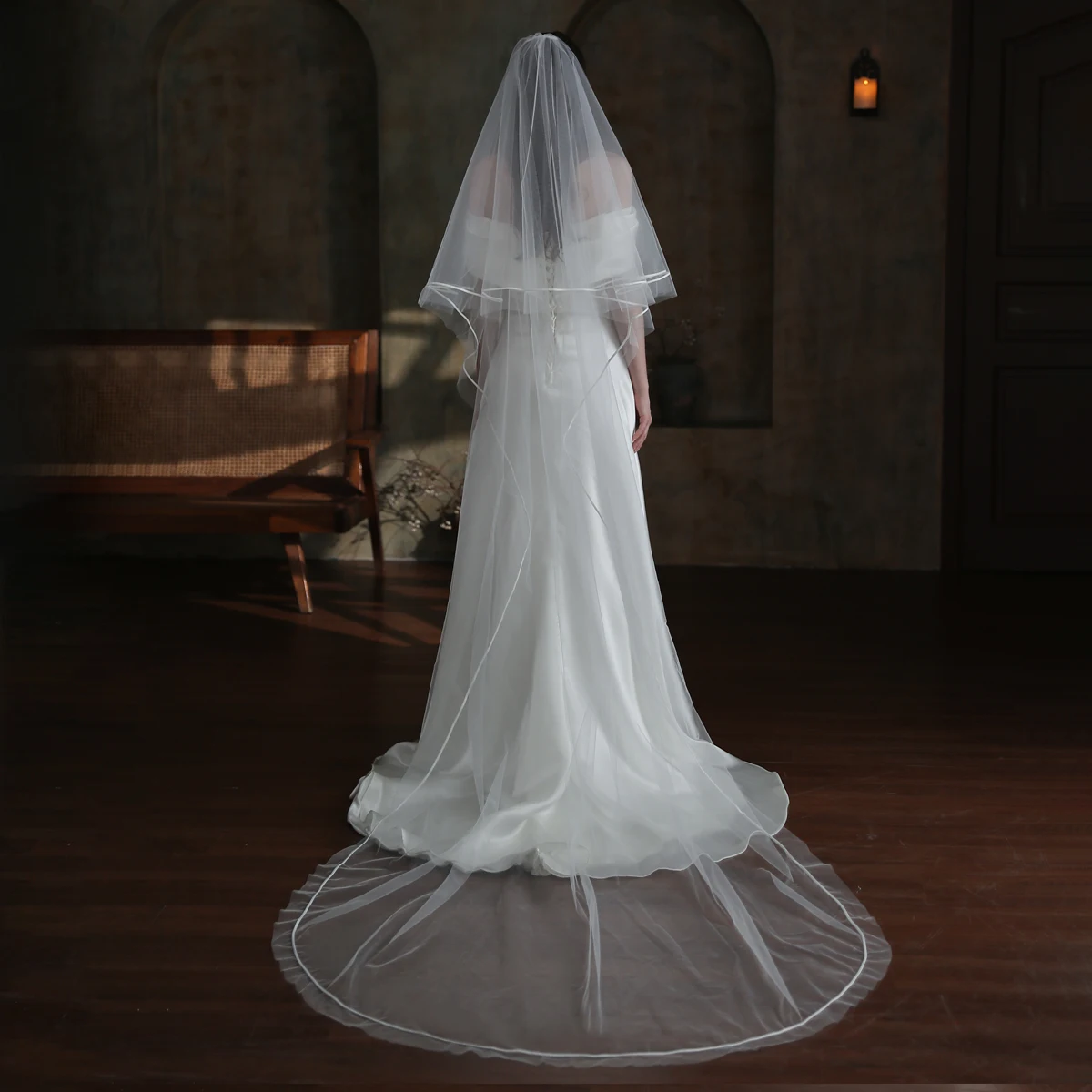 

V864 Bridal Cathedral Handmade Veil for Wedding Dress Two-Layer Soft Tulle Ribbon Edge Long Brides to be Headdress Veil