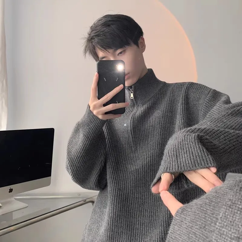 

Trendy Loose High Collar Color Men's Knitted Sweater f Zip Autumn Winter Casual Sle Couple Match Soft Polyester