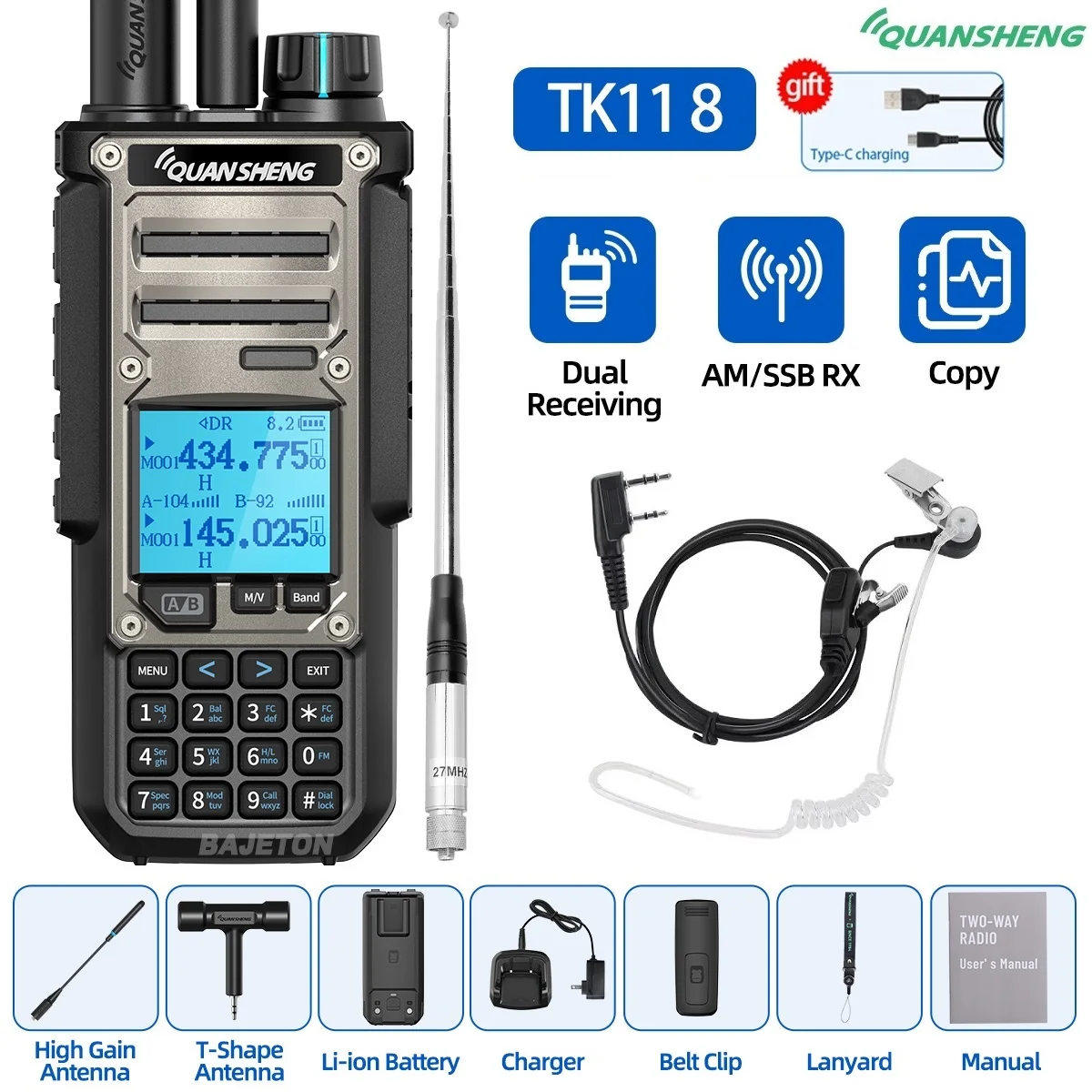 Quansheng TK11 8 Walkie Talkie Ham Radio 10W Dual Ontvangst PTT 27MHz CB CW LSB LW MW SW Type-C Oplader NOAA voor UV-K5 8 TK-11 5