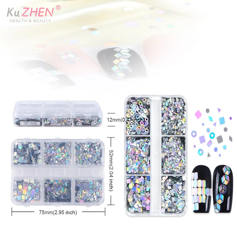 6 그리드 네일 반짝이 네일 강화 레이저 네일 반짝이 플래시 기하학 패턴 네일 장식 네일 참 DIY 매니큐어 도구