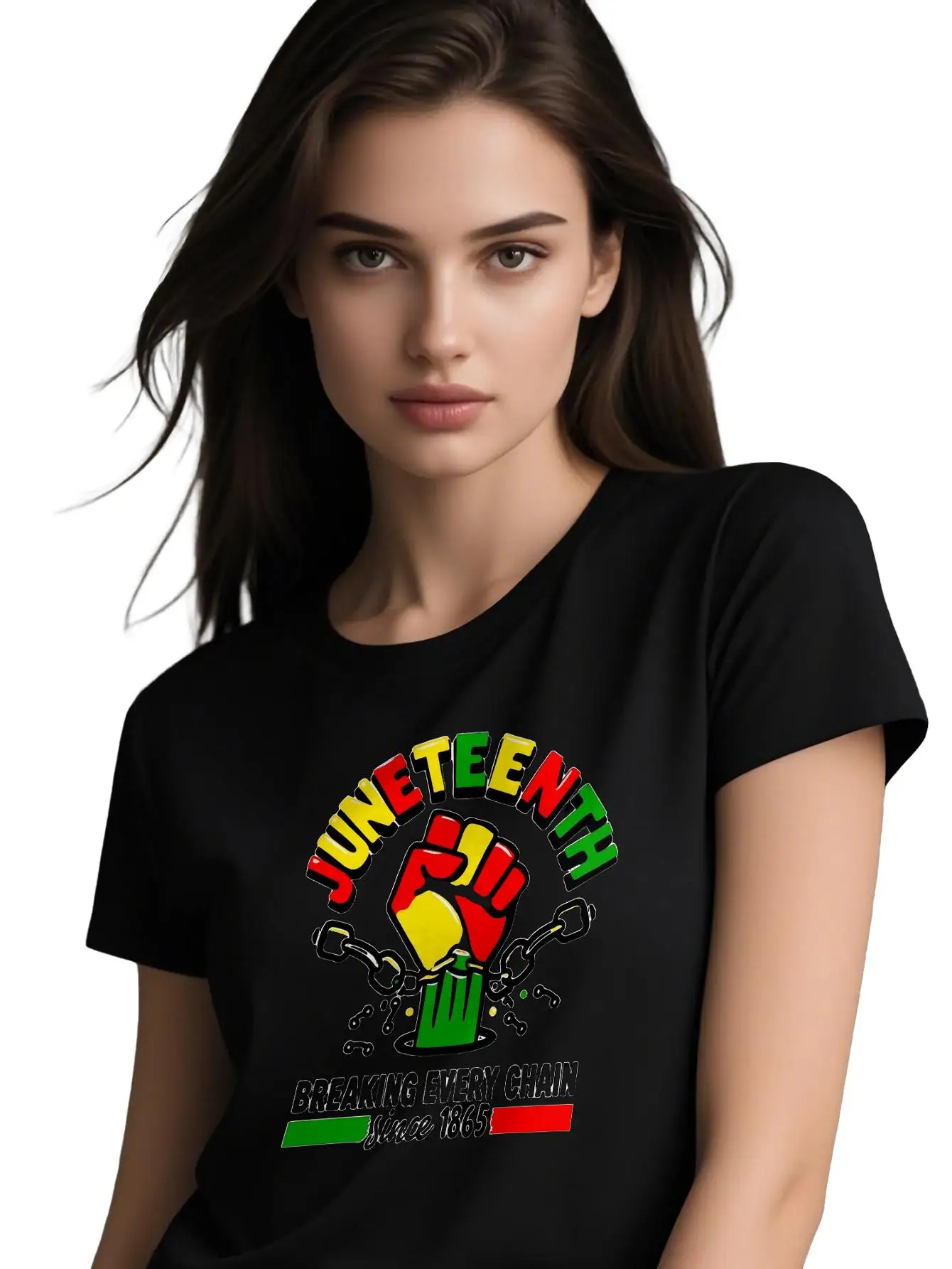 

Women's Crew Neck 180g Cotton Tee Lightweight Relaxed Fit with "juneteenth2" print design For All-season Wear
