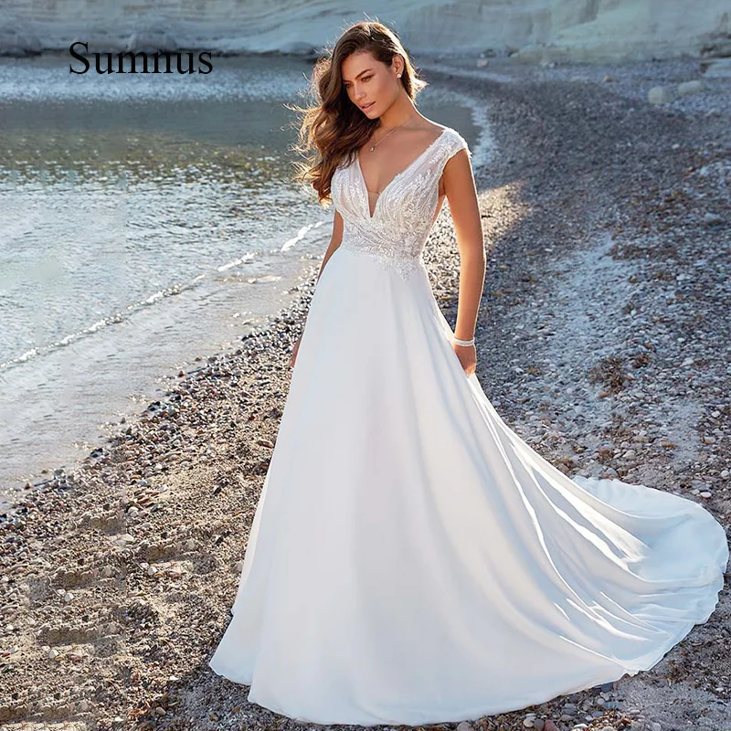 Praia vestido de casamento com decote em v apliques sem costas botão sem mangas vestido de noiva longo vestidos de casamento robe de mariee