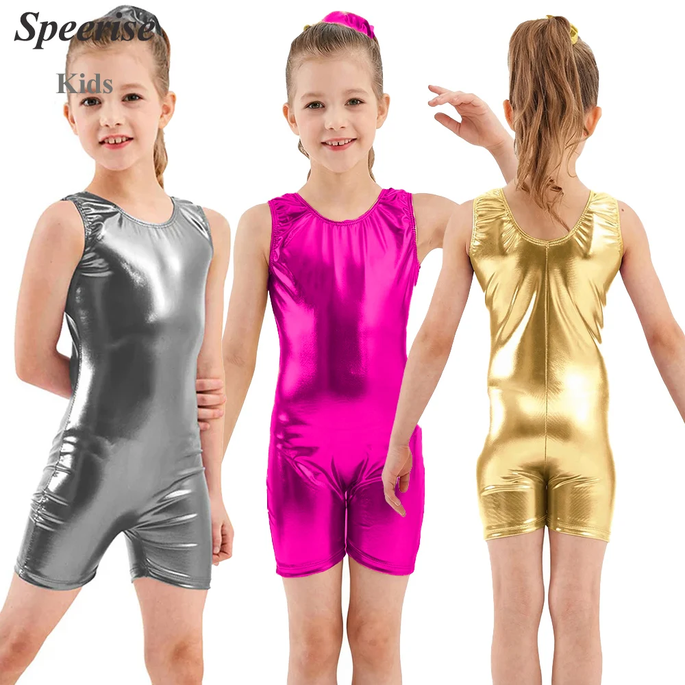 

Детские блестящие металлические гимнастические купальники из спандекса, костюм для Хэллоуина, гимнастический костюм, одежда для балета, одежда для малышей, безрукавки для девочек