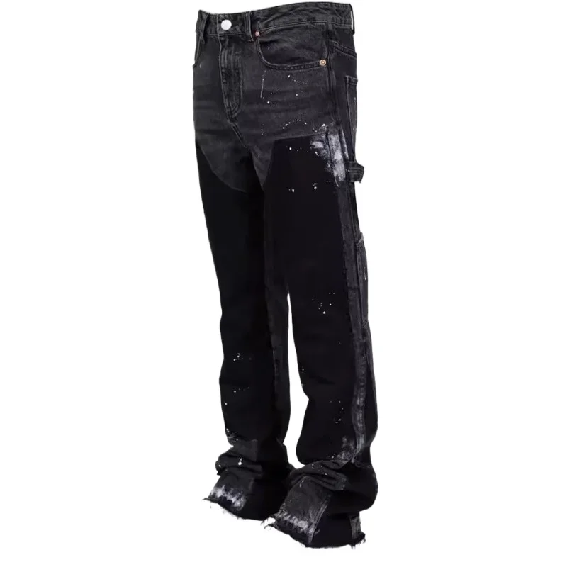 Men's Denim Overalls Straight Leg Fashion Ins Wind Stretch Pocket Denim Laminated Casual Flare Pants