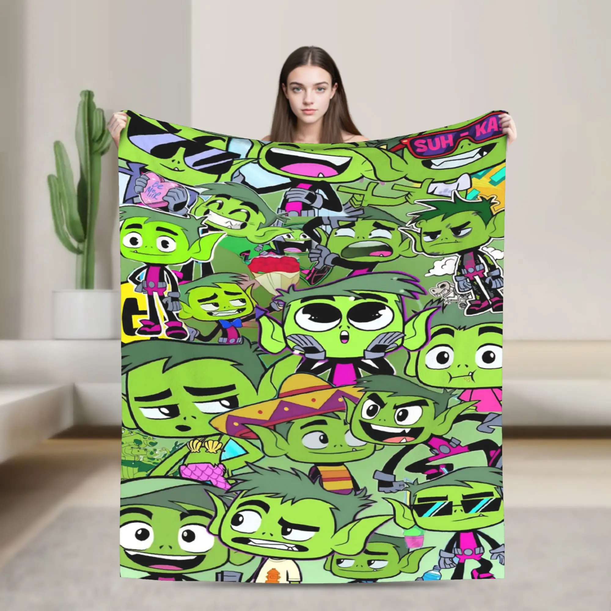 teens-titans-go-beast-boy-blanket-airplane-travel-flannel-bedding-throws-for-couch-chair-sofa-bed-super-soft-bedspread-gift-idea