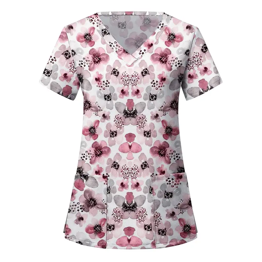 Nurse Uniform for Women Simple Floral Print Scrub Medical Woman Fashion V-Neck Short Sleeve Patch Pocket Top pet Medical Clothes