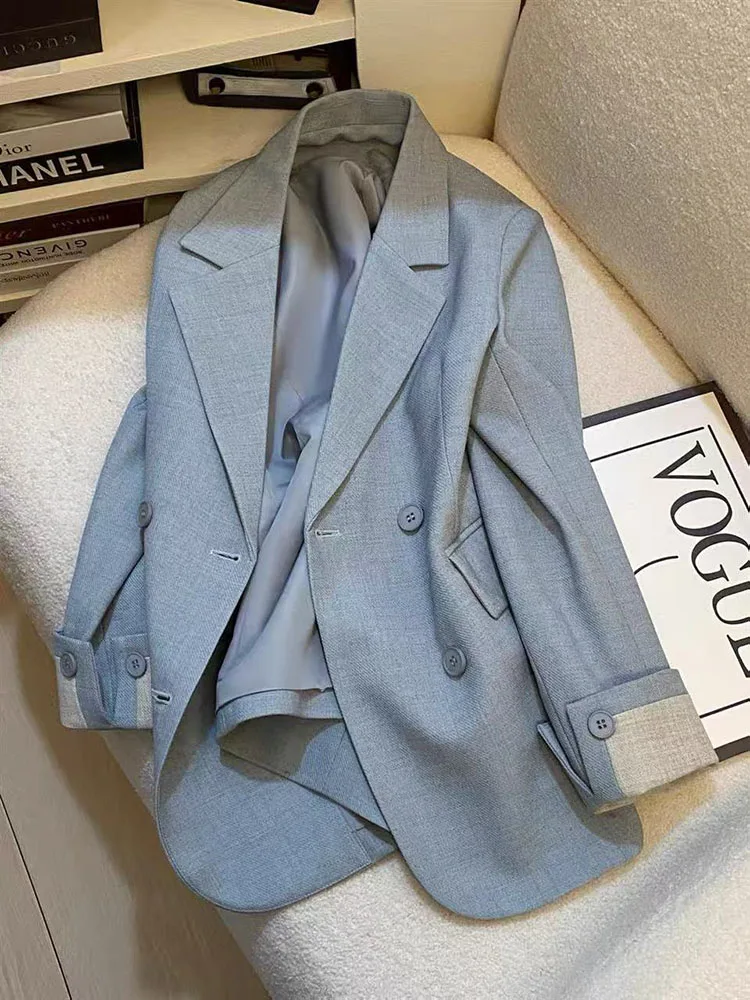 Autumn Light Blue Blazers Women Loose Streetwear Double Breasted Casual Jacket Y2K Harajuku Office Ladies All Match Suit Coats