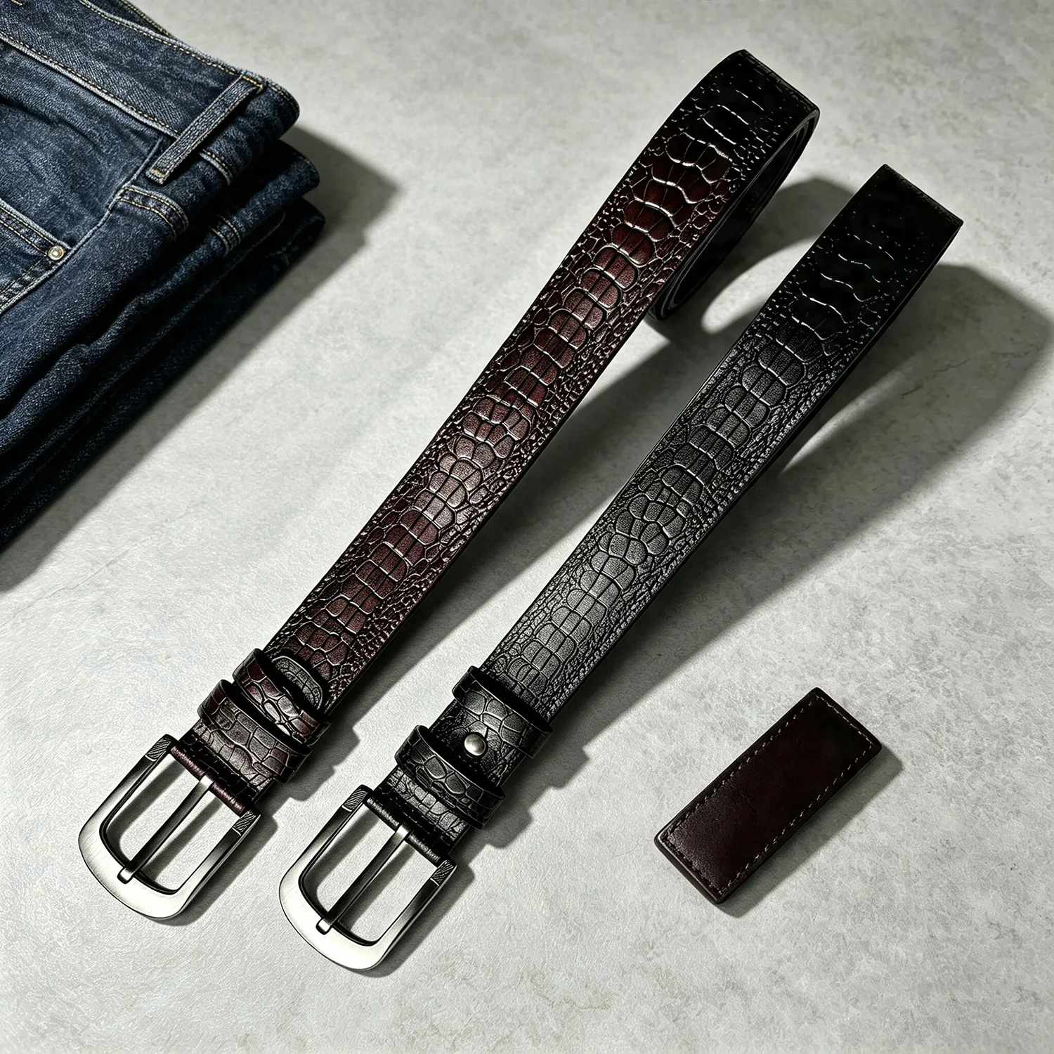 Luxury Croc Texture Men's Leather Belt, Retro Prong Buckle, Embossed Strap for Jeans, Suits & Daily Casual Foormal Wear