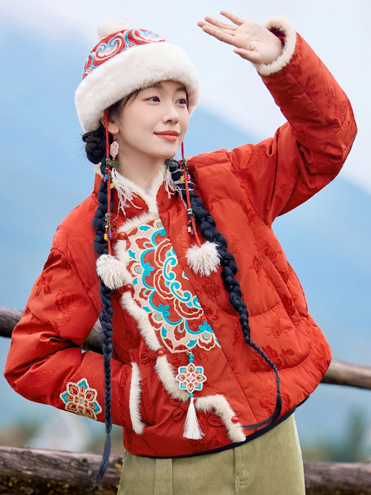 

Ele Embroidered Du down Jaet Women's New Chinese Sle Mink Fur Strip Outerwear Winter Thi Warm Long Sve Coat