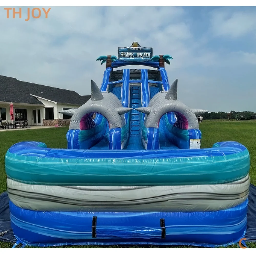عن طريق السفينة إلى الميناء البحري، موضوع القرش الممرات المزدوجة، منزلق مائي قابل للنفخ مع حمام سباحة للإيجار التجاري