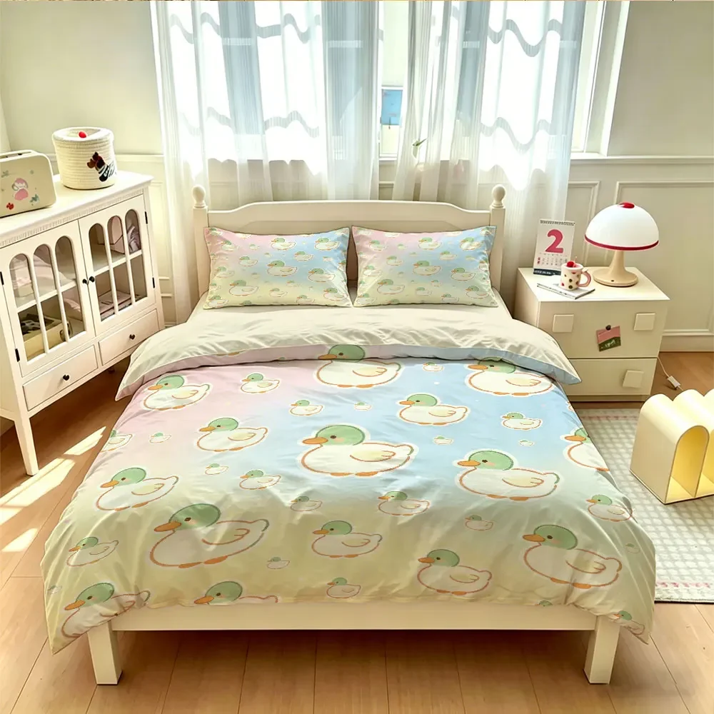 3PCS Hand-painted Cute Cartoon Mallard Duck Print Duvet Cover Set, Multiple Sizes Soft Bedding Decor, Machine Washable