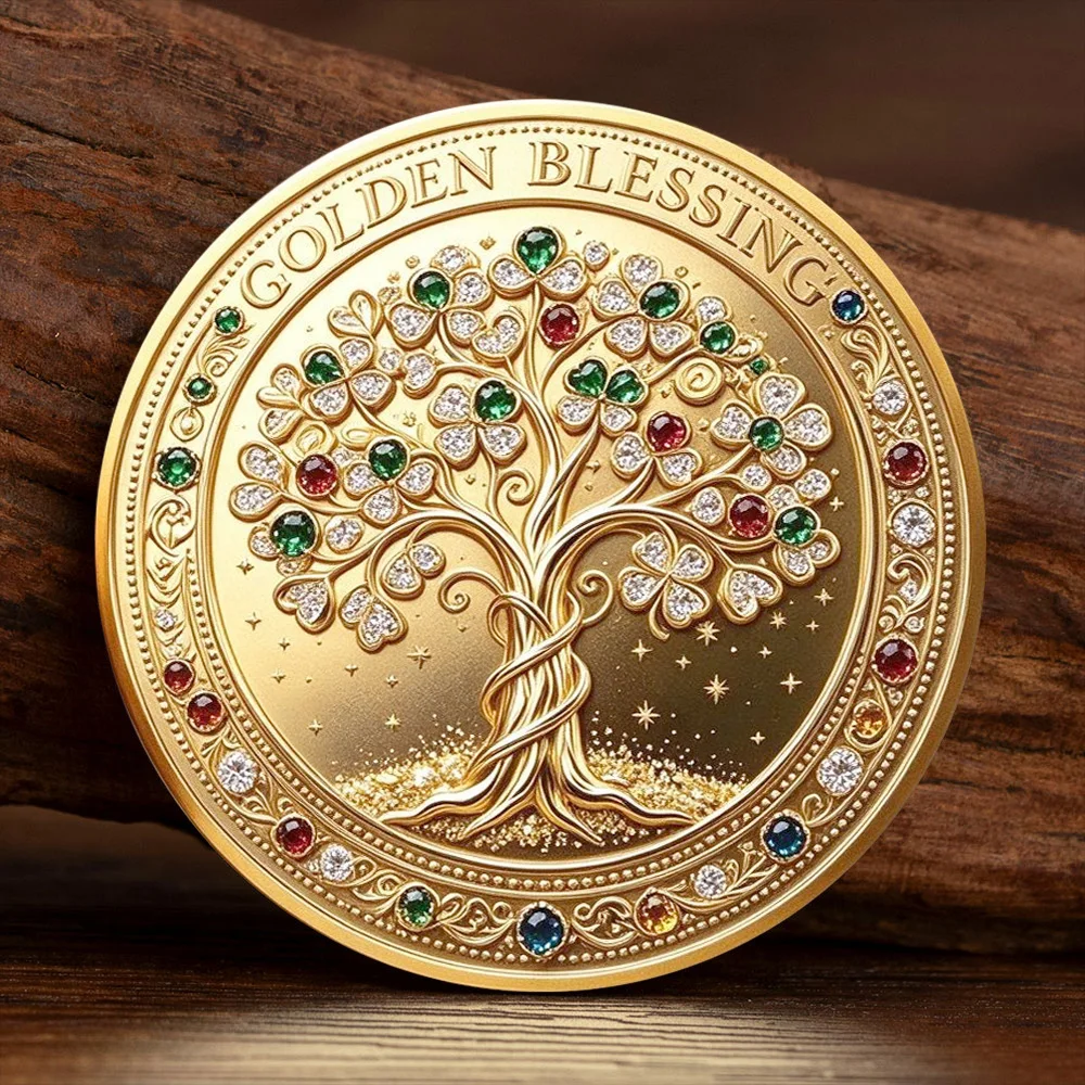 Lucky Four Leaf Clover Gold Plated Souvenir Coin Wealth Tree Commemorative Coin Gem Inlaid Metal Collectible Decor Gift