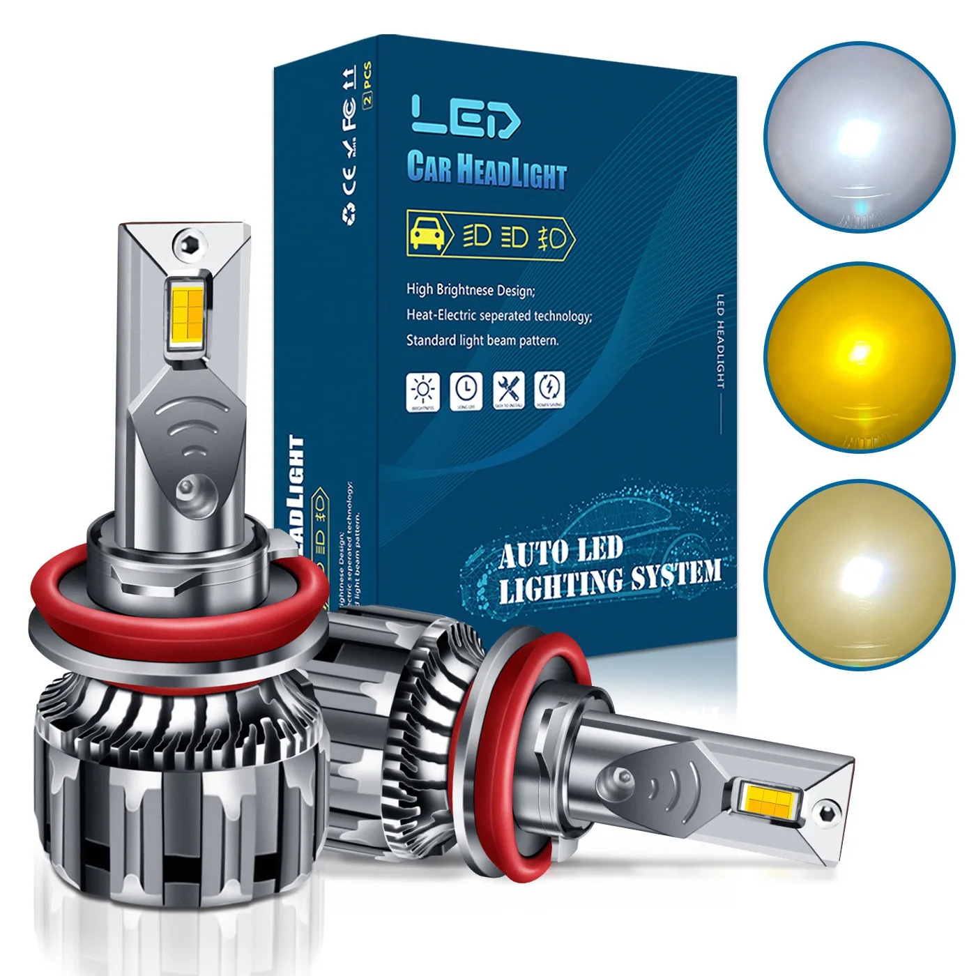 

3 Color LED Car Headlight Bulbs 65W 3000K 4300K 6000K 3570 CSP Chips H1 H7 H8 H9 H11 9005 9006 9012 H18 H4