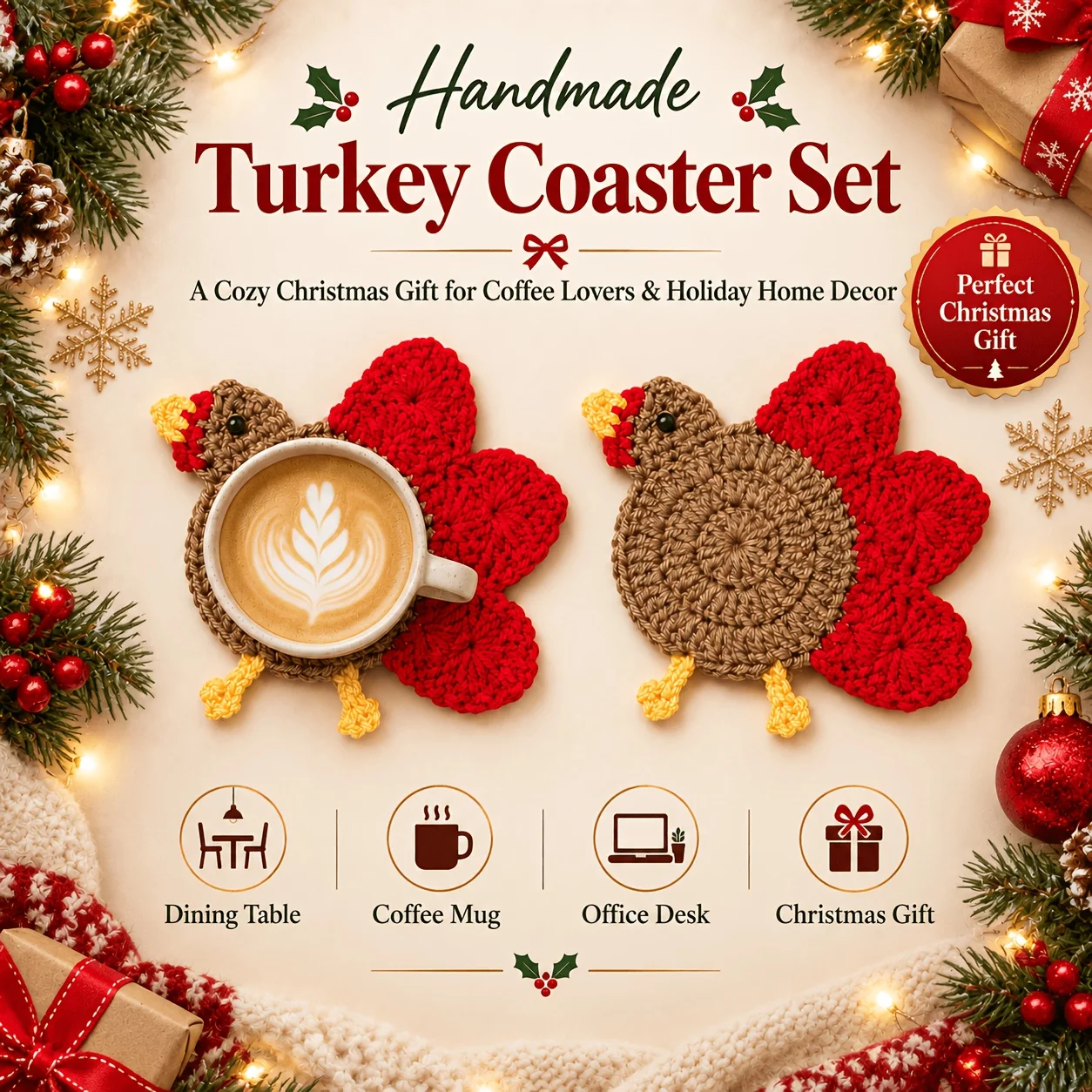 Handmade Crochet Turkey Coaster Fall Thanksgiving Table Decor Drink Coasters Heat Resistant Cup Mat Holiday Housewarming Gift