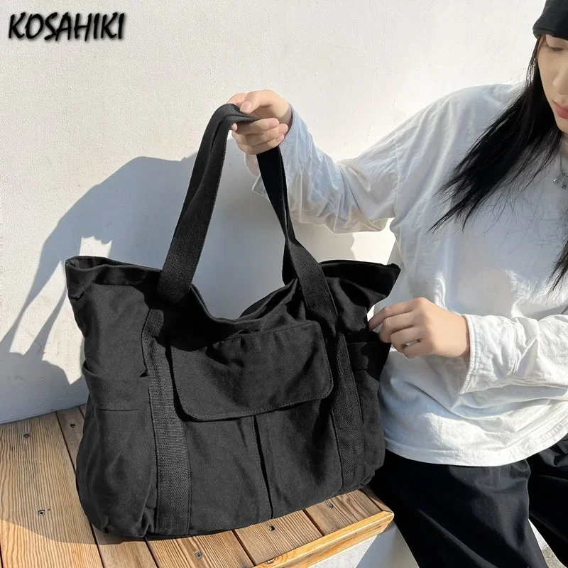 Women College Students High-capacity Shoulder Tote Bags Vintage Y2k Washed Canvas Bag Streetwear Grunge Casual Underarm Handbags