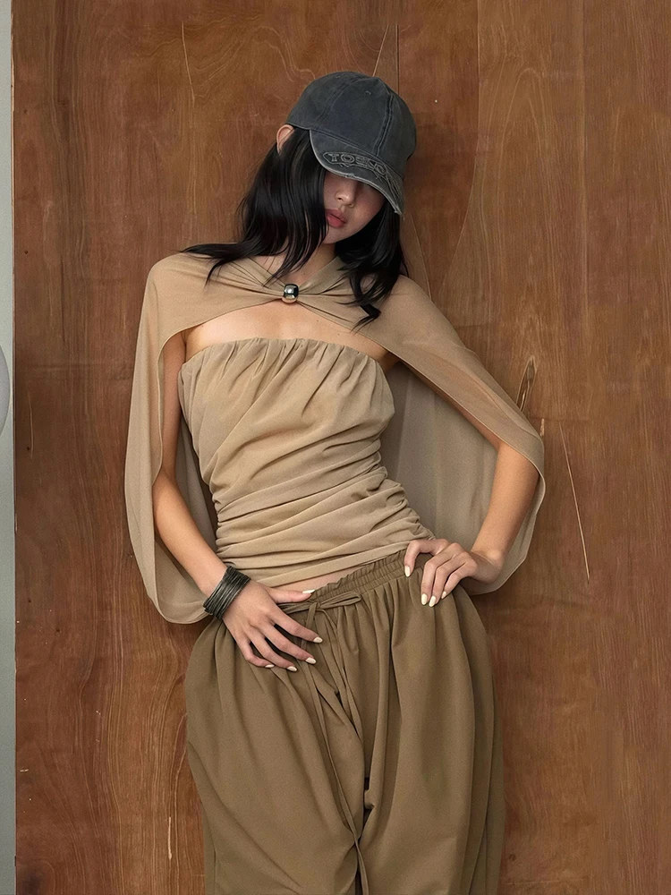 REDDACHiC 2-IN-1 Bolero Shrug Women Top Lounge Khaki Stretchy Fitted Corset Gathering Cloak Sleeve Blouse Office Summer Clothes