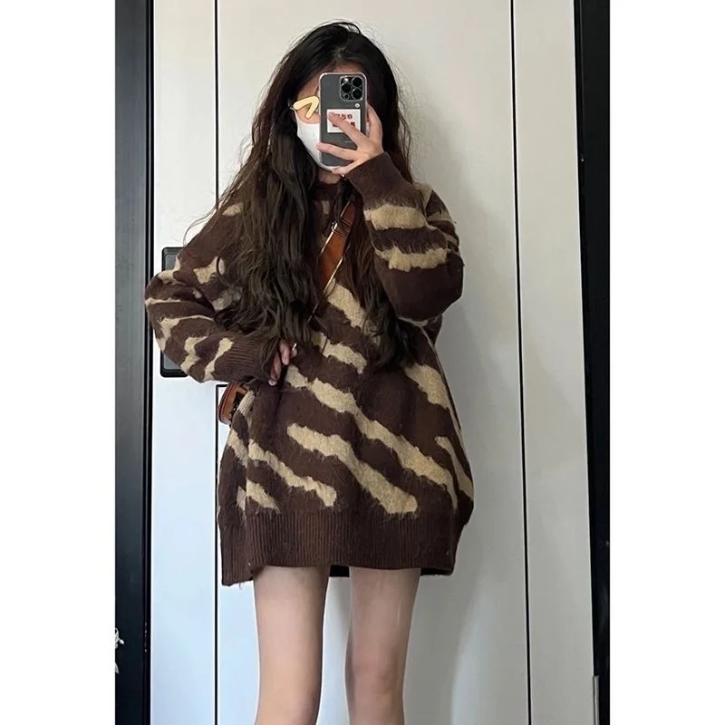 Zebra-stripe Print Pullovers Korean Women Round Collar Knitwear Autumn Winter Y2K Sweaters Loose Jumpers Oversized