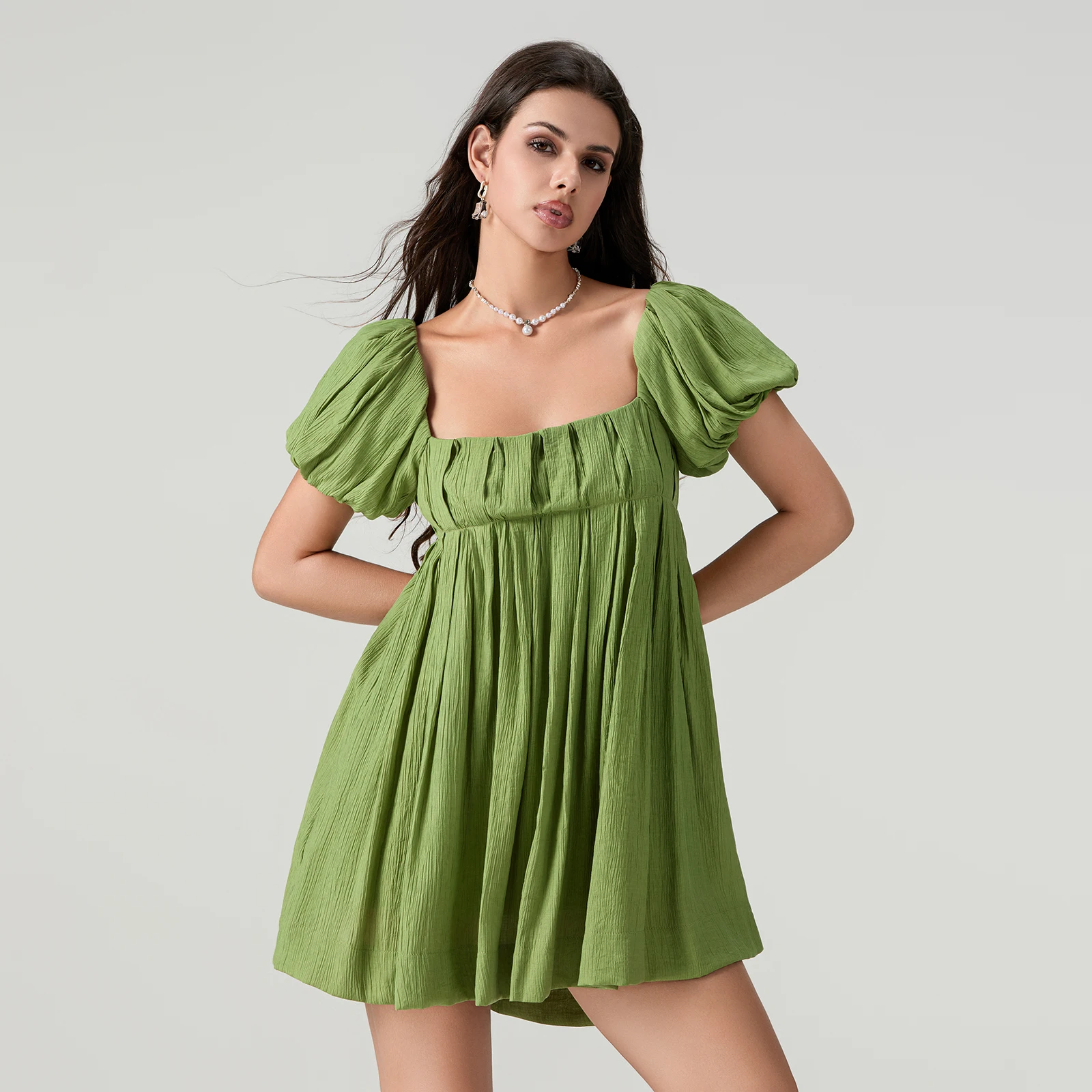 Summer Sexy Solid Color Short Dresses for Women Short Puff Sleeve Square Neck Cross Tie Back A line Dress Two Ways To Wear Dress