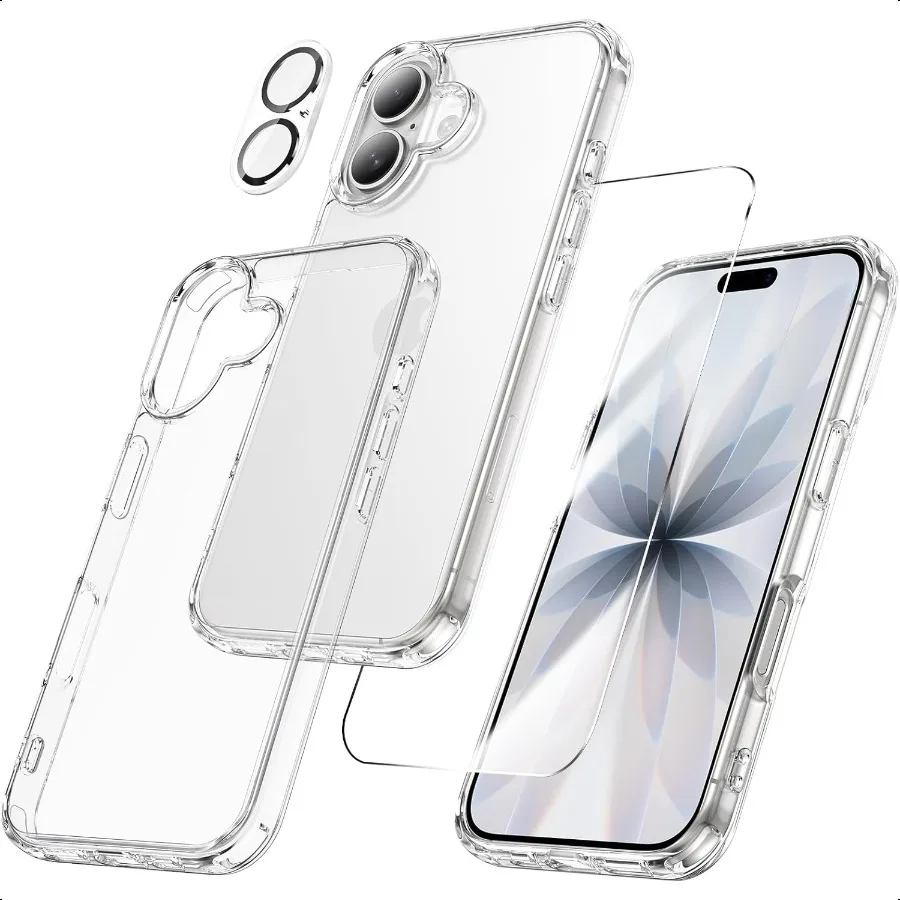 

Прозрачный чехол Maxdara для iPhone 17, [3 дюйма 1] с передней защитной пленкой из закаленного стекла, защитная пленка для объектива камеры, противоударная защита от желтения