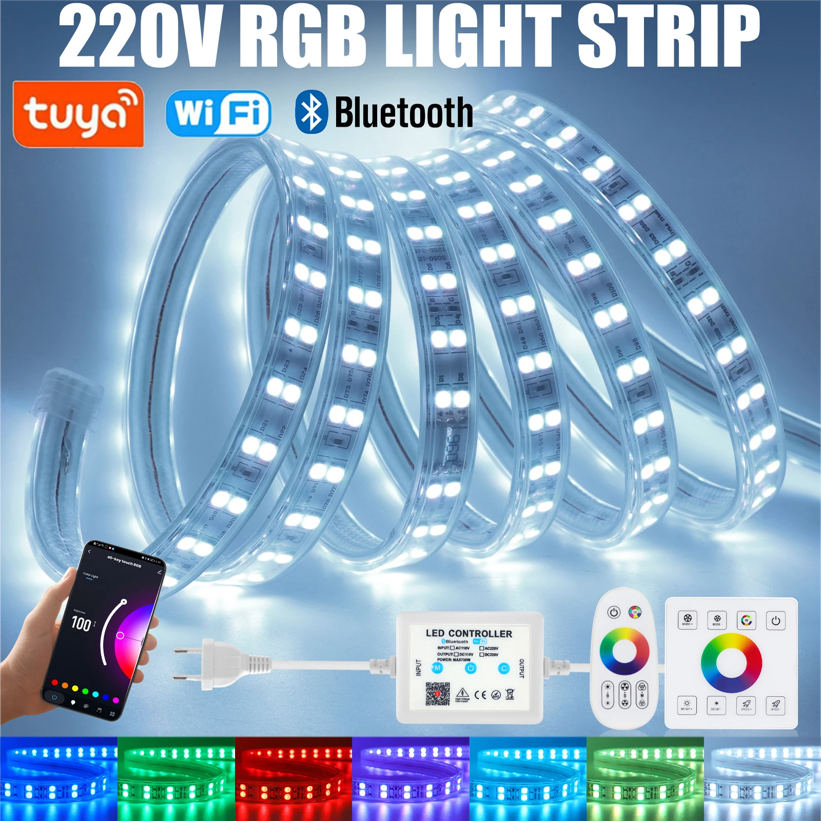 

Dimmable RGB LED Strip 220V 110V WiFi+Bluetooth RF Wall Touch Control 5050 60LEDs 120LEDs Waterproof Flexible LED Tape Ribbon