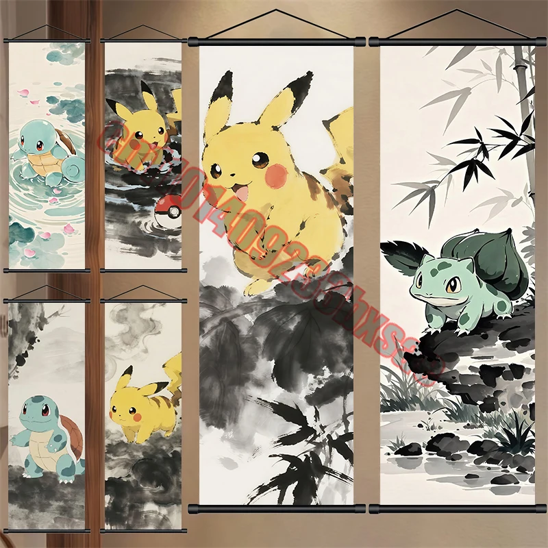 

Printed White Canvas, Ink Painting Art Anime Pokemon Poster, Pikachu, Bulbasaur, Squirtle, Wall Art Deco Hanging Scroll Painting