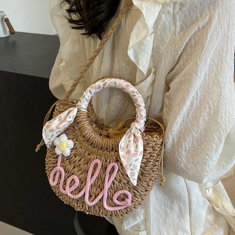 

Casual Sweet Beach Straw Bag Moon Shaped Flower Knitted Shoulder Bag Ribbon Tote Handbag Shopping