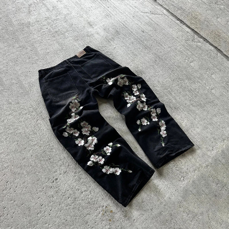 Y2K pantalones vaqueros holgados de jardín de gama alta Vintage bordado de flores de cerezo hombres mujeres ropa de calle Harajuku High Street pantalones vaqueros para fregar el suelo