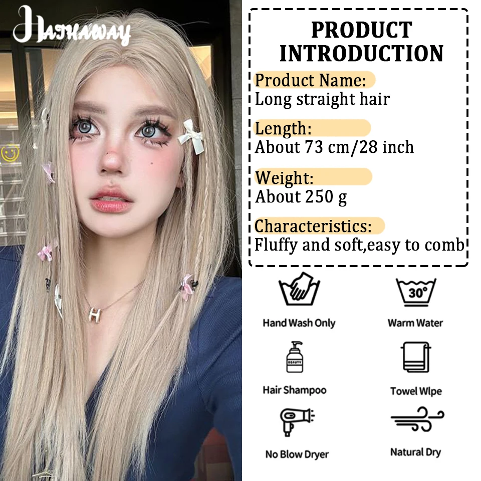 Synthetic Wigs Long Straight Hair Platinum Women Fluffy Natural Smooth Long Straight Hair Small Lace Temperament Wig Daily Wear