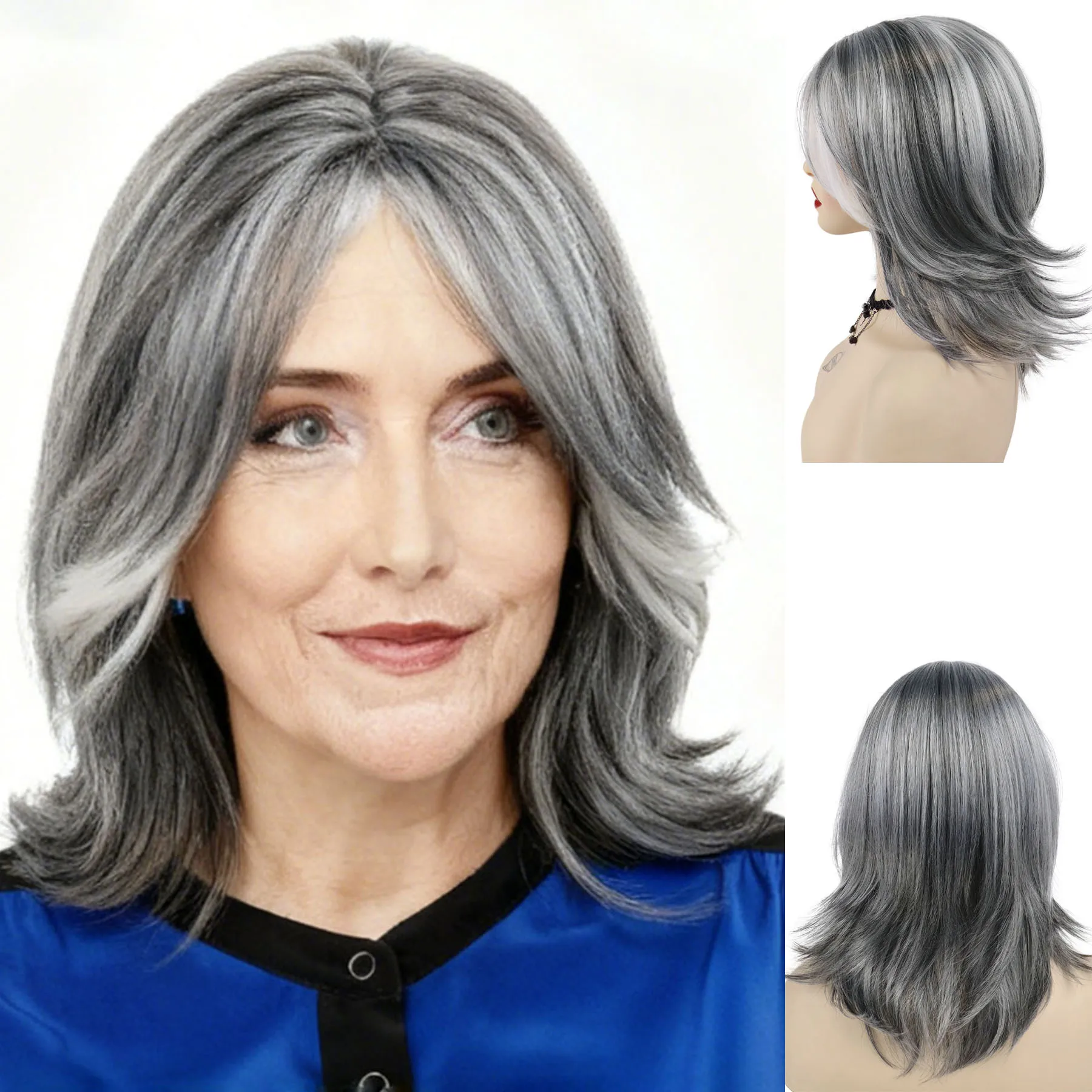 

Synthetic Old Ladies Hair Hair Replacement Wig Mix Silver Grey Wig for Women 16 Inch Straight Wigs with Bangs Grandma Wig Daily
