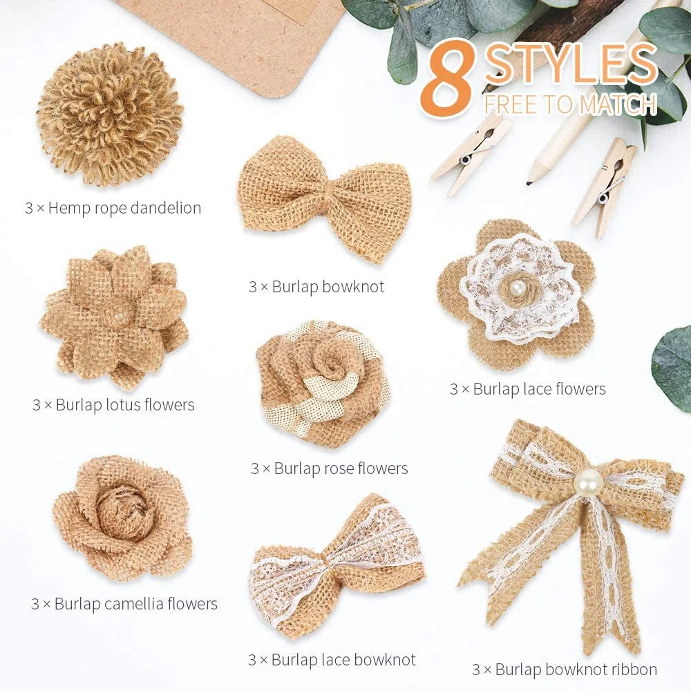 24Pcs in 1 Set Burlap Flower Vintage Handmade Linen Materials Flower Decoration for Wedding Christmas DIY