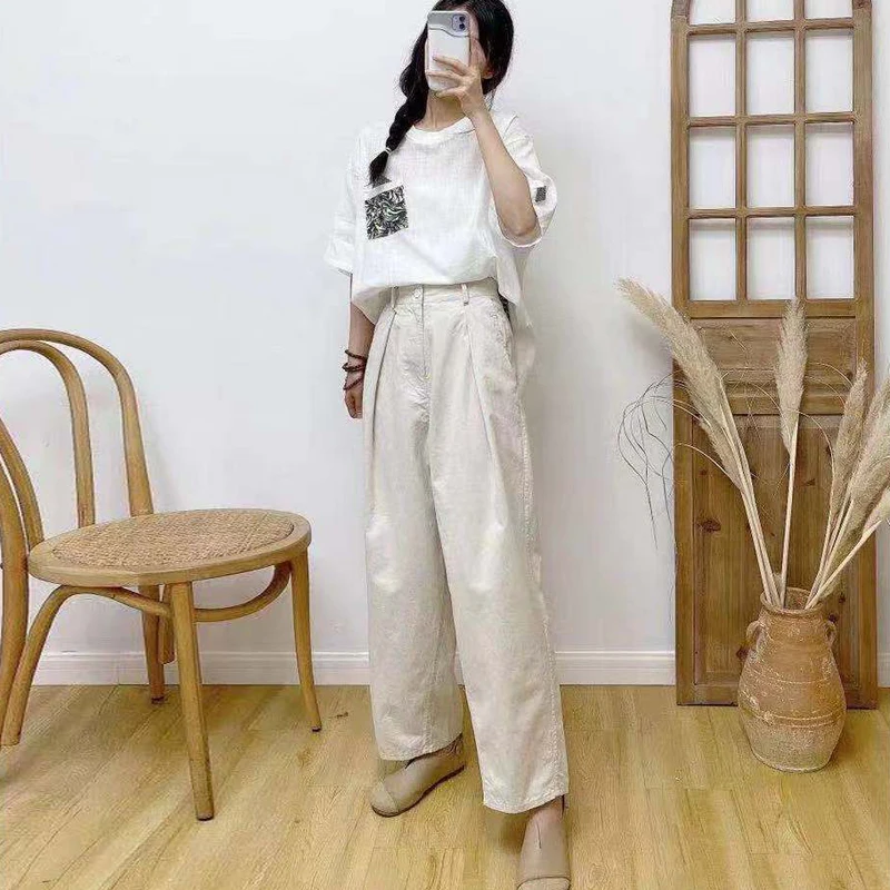 Johnature New Vintage Linen Women Pants 2024 Summer Casual Solid Color Pockets Ankle-length Harem Pants