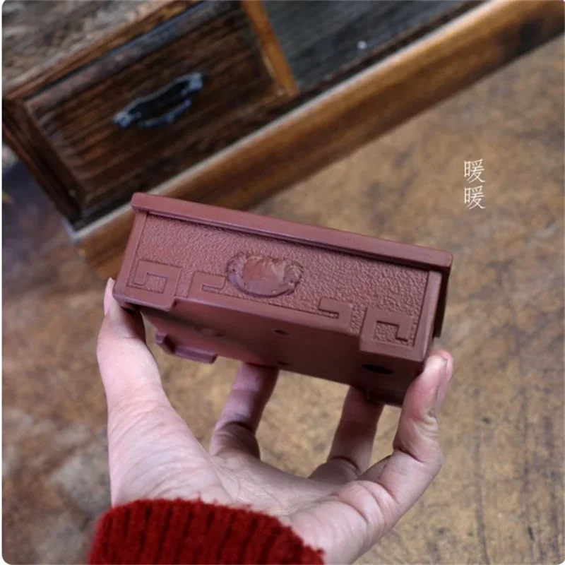 Ceramic Crab Carved Rectangle Bonsai Pot, Red Clay, Inner Size 10*8cm, Office Table, Crab Pattern, Garden, Home Decoration