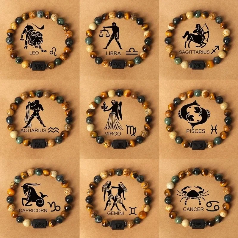 Pulseras de 12 constelaciones de ojo de tigre de piedra Natural para hombres y mujeres, pulsera de cuentas con dijes de toro y Aries, signos del zodiaco