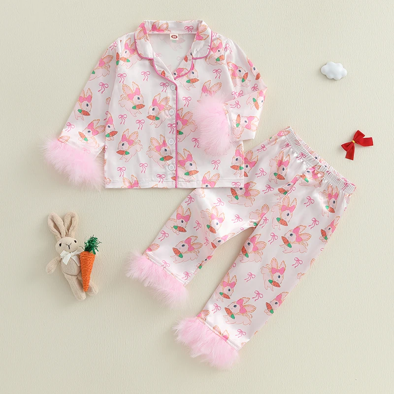 1-7Y Girl Easter Pajamas Set Bunny Print Lapel Feather Long Sleeve Button Down Tops with Pants Sleepwear Pjs Homewear