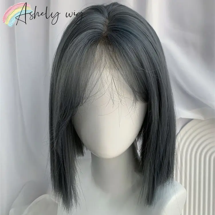 

Ashely Gray Blue Wig for Women Straight Short Hair Wig 14inch Bob Synthetic Lolita Cosplay Wigs Heat Resistant Fibers Парик