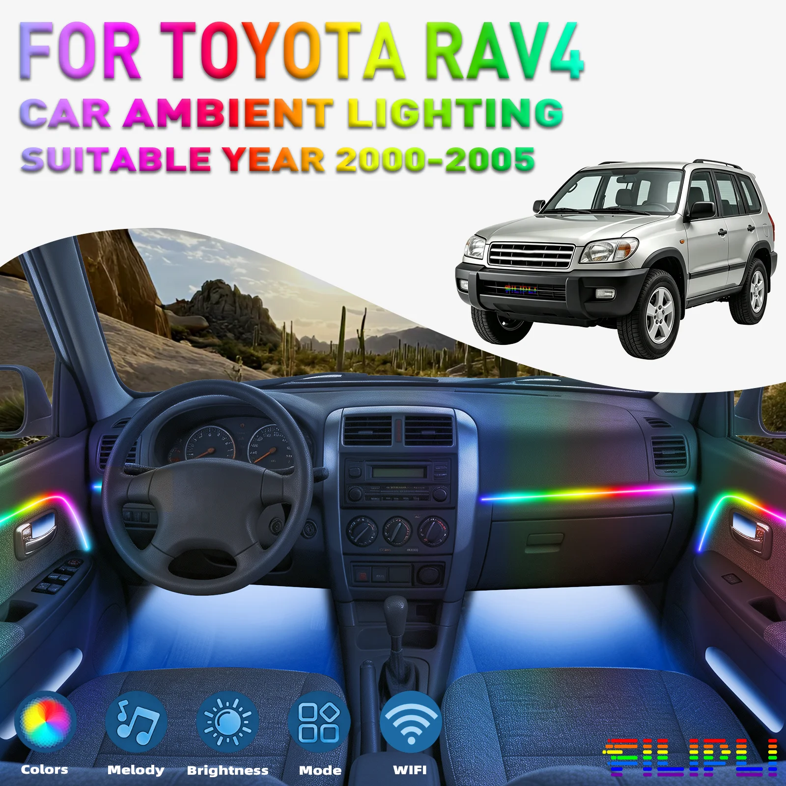 For TOYOTA RAV4 2000-2025 CAR AMBIENT LIGHTING colorful 6 Lights Kit 256 Colors Iridescent 6 in 1 LED Interior Hidden Acrylic Strip Symphony Atmosphere Lamp Neon Acrylic Light Strip Lighting and Decorative Lamps Long Standby Car Decorative Light