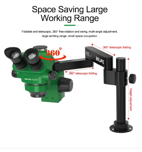 RELIFE RL-M28 مجهر عالمي قابل للطي سوينغ الذراع قوس للطي 360 درجة سوينغ ارتفاع قابل للتعديل حامل المجهر