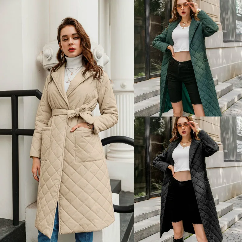 Women\'s cotton coat long knee winter coat with green checkered cotton jacket new winter coat fashion coat outdoor warm windproof