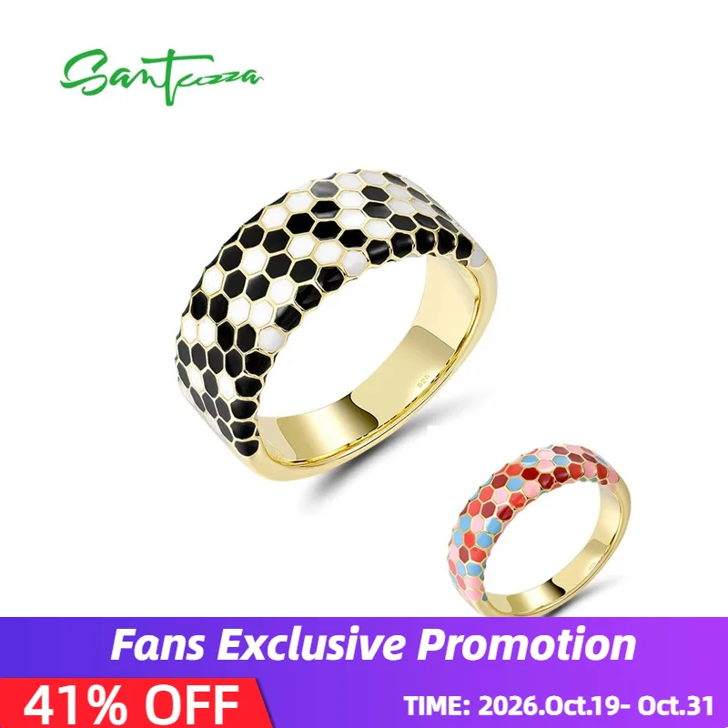 SANTUZZA Pure 925 Sterling Silver Ring For Women Enamel Mosaic Pattern Boho Popular Party Birthday Wedding Gifts Fine Jewelry