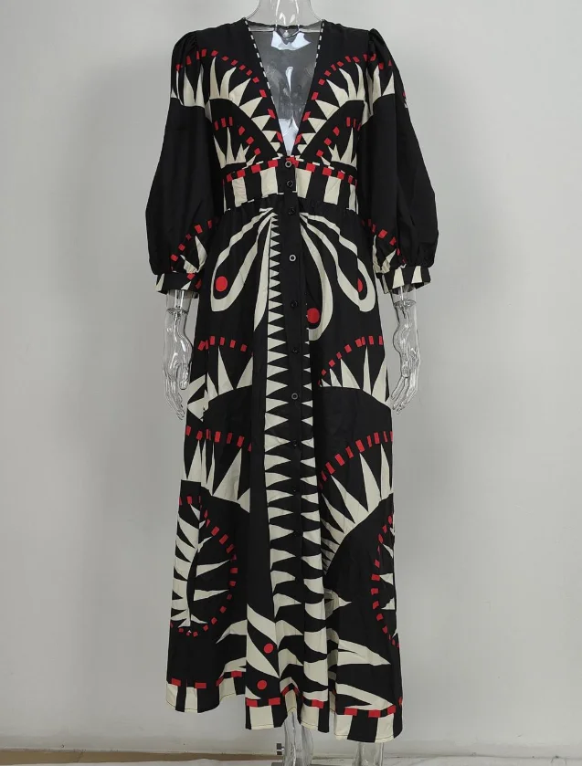 

Casual Women's Dresses Vintage Printed Fashion V-Neck Long Sleeve Shirt Slim Fit Dresses for Summer Women Loose Straight Dress