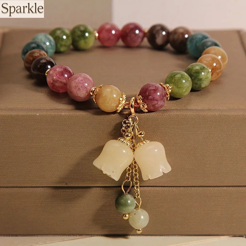 

New Classic Rainbow Lotus Colorful Bracelet With Summer-ready Orchid Style Bell Pendant Rainbow-hued Beads Gift For Women Girls