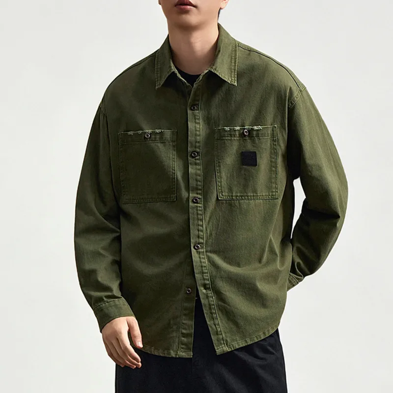 Heavy Garment Washed Distressed Men's Retro Utility Work Shirt, Loose Fit Chest Patch Pockets Casual Vintage Overshirt Jacket