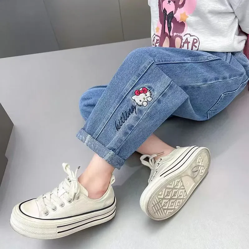 2024 New Girls Jeans Cartoon Hello Kitty Embroidery Spring Autumn Toddler Girl Denim Pants Fashion Kids Loose straight Trousers