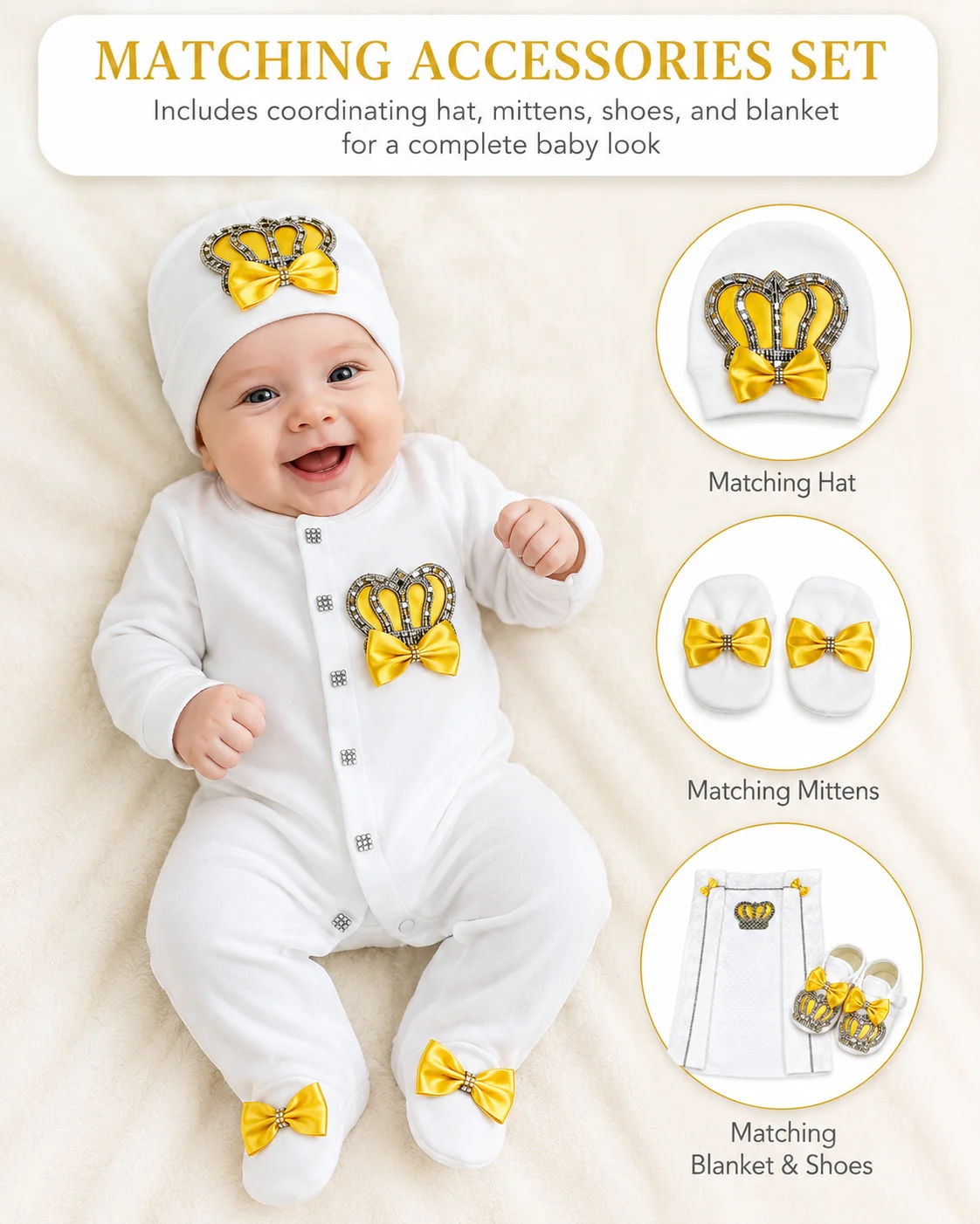 Light Luxury Noble Newborn Rhinestone Crown 5 Piece Set Handmade Satin Bow Breathable Bubble Baby Daily Outfit