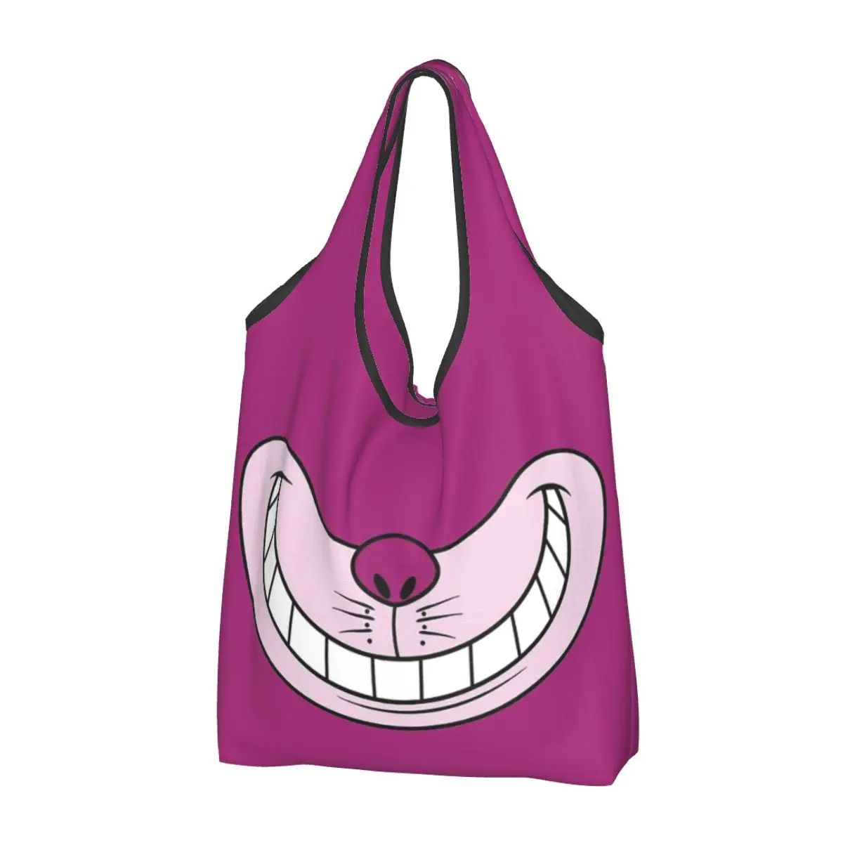 Cheshire The Cat Funny Cartoon Grocery Bag Large Recycle Foldable Shopping Tote Bag Attached Pouch