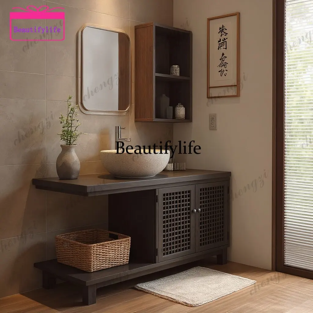 A17 Japanese-style log beauty salon B & B floor-to-ceiling cabinet oak paint washing table basin