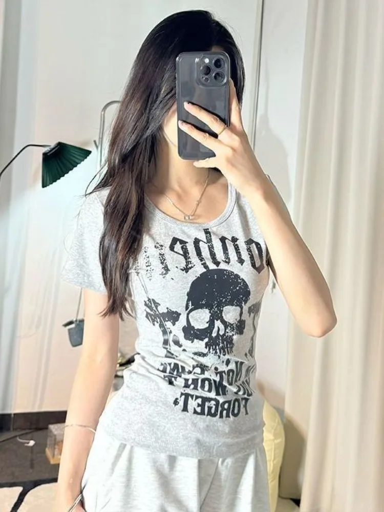 

American Skull Letter Print Vintage T-Shirts Summer Lazy Gray Cotton Top for Woman 2025 New Slim Fit Short Sleeve Tee Shirt