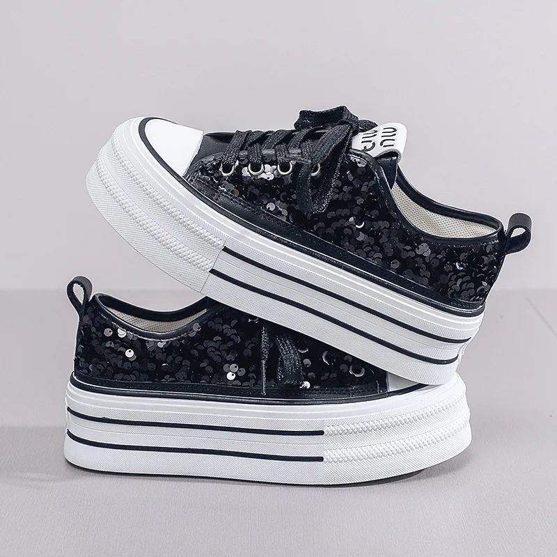 

Nwe Women Canvas Shoes Spring/Summer New Student Sequins with Thick Bottom Flats Vulcanized Shoes Casual Running Sneakers